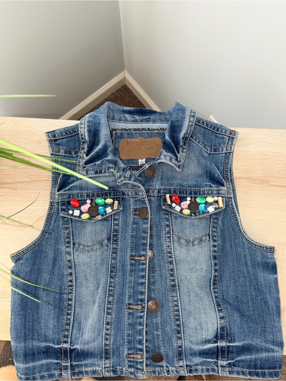 Denim Vest with Colorful Stud Details